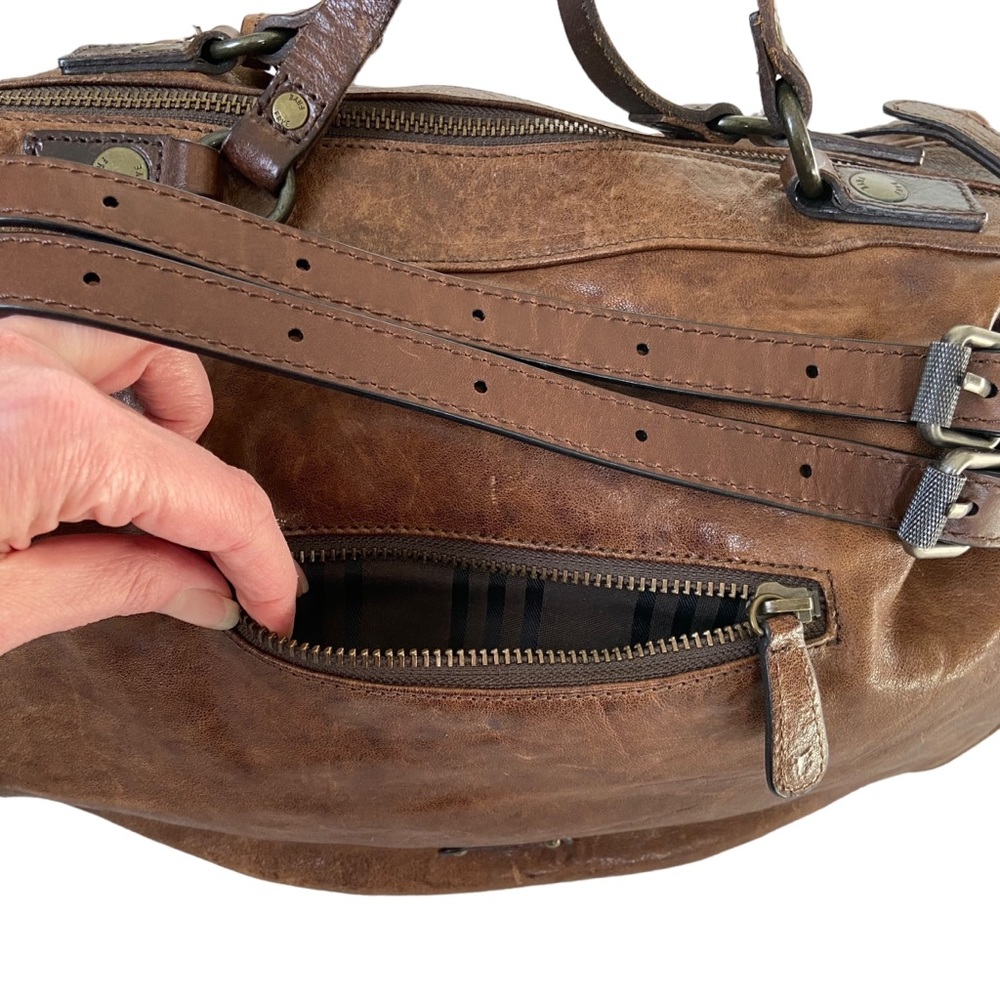 Frye Becca Rustic Italian Leather Brown Shoulder Bag Satchel Dual Handle Purse - Picture 7 of 16
